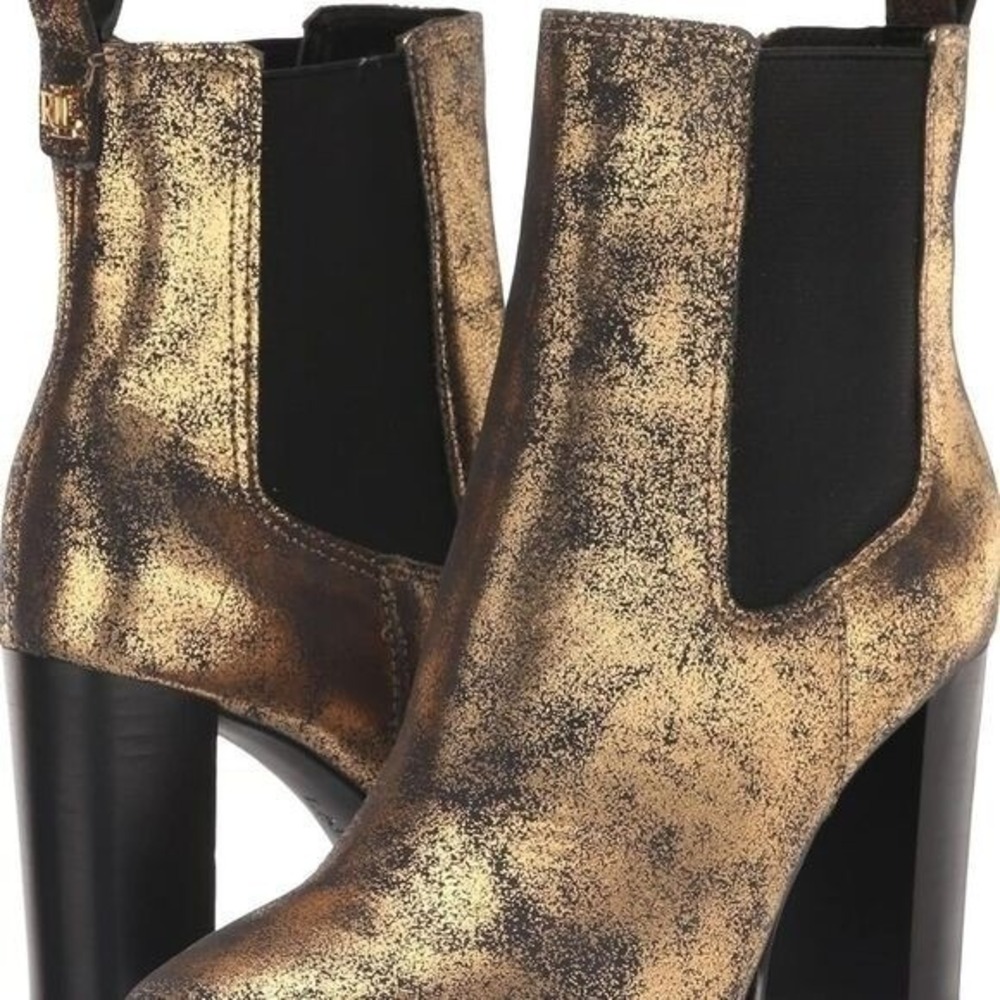 Lauren Ralph Lauren Ankle Boots Womens 7 Gold Excellent Metallic Block‎ Heel LRL - Picture 10 of 11